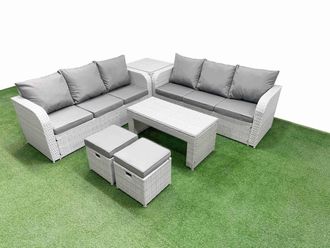 Fimous Outdoor Garden Furniture Sets 8 Seater Wicker Rattan Furniture Sofa Sets w/ Oblong Coffee Table high Back Lounge Sofa Stools Side Table Light