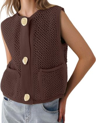 Generic Sleeveless Jumpers for Women UK Button Closure Cardigan Knitted Waistcoats Crochet Sweater Vest Boho V-Neck Knit Tank Top Elegant Knit Gilets Outerwea