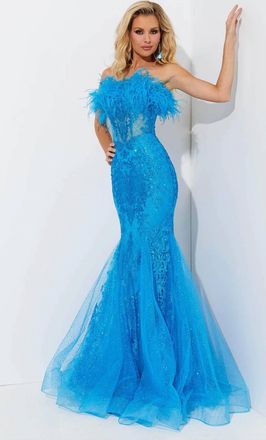 Jasz Couture Feather Strapless Prom Dress In Ocean Blue