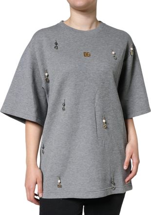 Dolce & Gabbana Womens Embellished Cotton Blend T-Shirt Gray Nylon