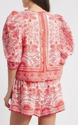 Farm Rio River Ride Puff Sleeve Cotton Top in Red at Nordstrom Rack, Size Small