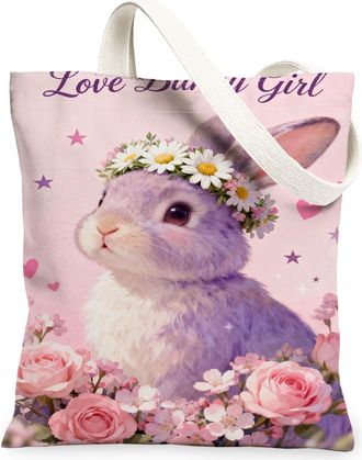 Generic Floral Bunny Canvas Tote Bags, Cute Rabbit Reusable Shopping Bags, Spring Vintage Chic Lightweight Washable Shoulder Strap, Peach, 13x15 Inch