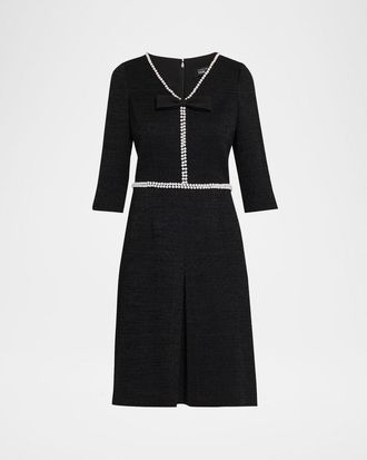 Teri Jon Bouclé V-Neck Beaded Bow Midi Dress