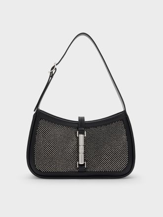Charles & Keith Cesia Satin Crystal-Embellished Metallic-Accent Shoulder Bag