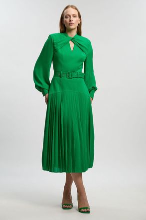 Karen Millen Womens Ponte And Georgette Mix Balloon Sleeve Cut Out Detail Pleated Maxi Dress - Light Green viscose - Size X-Small