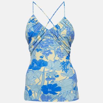 Roberto Cavalli Blue Floral Printed Jersey Cross Back Camisole
