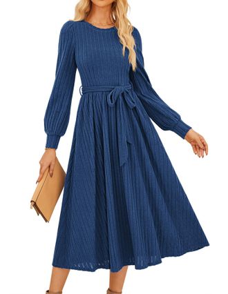 Grace Karin Elegant Vintage Women Long Lantern Sleeve Midi Dress Elastic Waist A-Line Crew Neck Casual Dress with Belt Navy Blue S