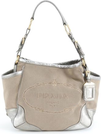 Prada Beige Silver Leather Canvas Handbag Tote Bag (Pre-Owned)