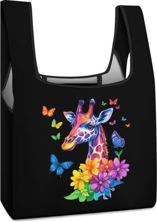 Generic Giraffe Graffiti Flower Shopping Bag Reusable Grocery Tote Bag Foldable Handbag for Travel Picnic