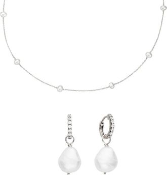 Lily & Roo Silver Pearl Drop Huggies and Ten Pearl Choker Gift Set