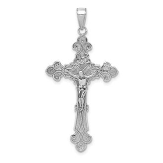 Diamond2Deal 14K White Gold Polished Textured INRI Crucifix Fleur de Lis Pendant