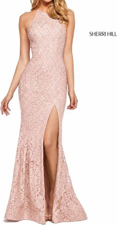 Sherri Hill Lace Halter Gown High Slit Rhinestone Dress In Blush