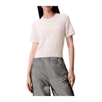 Calvin Klein Round-neck Knitwear, female, White, Size: S Monologo Cropped Jumper