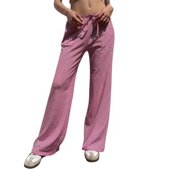 Generic Striped Trousers Women Pink Women Y2K Striped Wide Leg Lounge Pants Loose Fit-Elastic Waist Plaid Pinstripe Trousers Soft Comfort Going Out Pants Tren