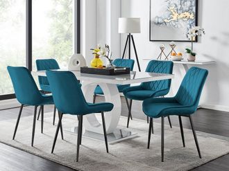 Furniturebox Giovani 6-Seater Grey Glass Dining Table & 6 Pesaro Soft Velvet Dining Chairs in Blue