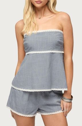 Edikted Ellie Lace Gingham Strapless Top in White-And-Navy at Nordstrom, Size X-Small