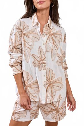 Tribal Embroidered Crosshatch Button-Front Blouse In White