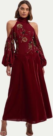 Karen Millen Velvet Embroidered High Neck Maxi Dress in Rust at Nordstrom, Size 10