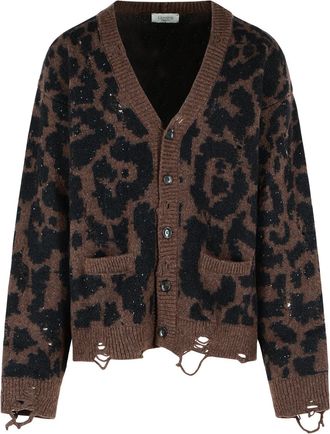Laneus Leopard Jacquard Cardigan In A Spotted Merino Wool Blend