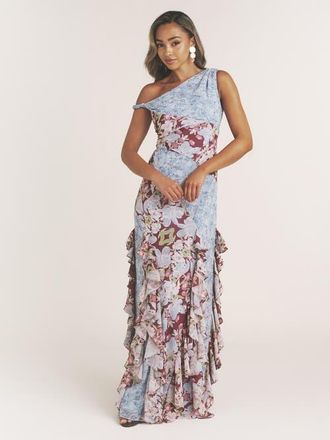 Six Stories Floral Print Twist Detail Ruffle Dress in Pale Blue at Nordstrom, Size 10