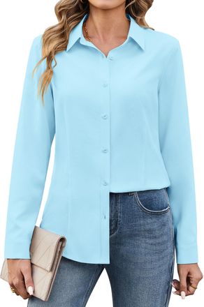 Zeagoo Womens Shirts Long Sleeve Button Down Shirt Regular Fitted Stretch Shirts Plain Business Shirt Stain Shield Office Work Blouse Soft Sky Blue XXL