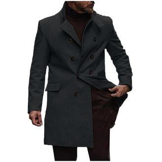 Generic Mens Trench Coats 3/4 Length Winter Double Breasted Pea Coats Casual Turn Down Collar Solid Color Overcoats Comfortable Outdoor Long Sleeve Windbreake