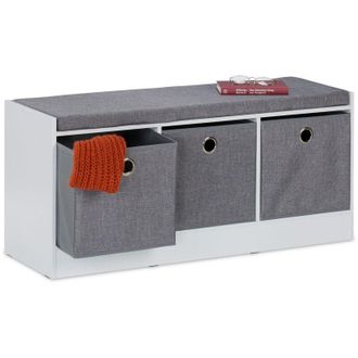 Relaxdays Relaxdays - Hallway Bench, Upholstered Seat with 3 Fabric Drawers, Hallway Storage, 46 x 102 x 32 cm, mdf, White/Grey