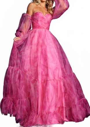 Jovani Print Long Sleeve A-Line Gown In Fuchsia