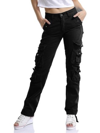 OCHENTA Aeslech Womens Cotton Casual Cargo Work Trousers High Waisted Travel Hiking Y2K Pants with Multi Pockets Black Tag 32 - UK 12