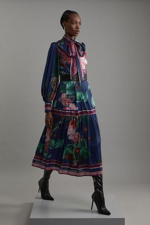Karen Millen Petite Floral Print Woven Balloon Sleeve Midaxi Dress