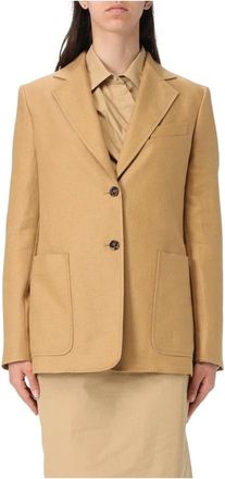 Max Mara Jassen, Dames, Bruin, L, Linnen, Linnen Blazer met Opgestikte Zakken