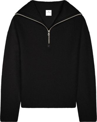Courr&egrave;ges Geribbelde wollen sweater met capuchon en rits - Heren - Coltruien - Zwart - XS - Wol - Truien & Vesten