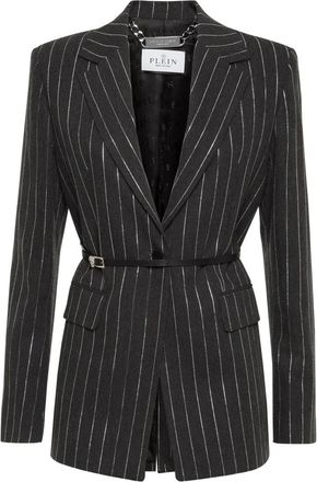 Philipp Plein Jassen, Dames, Grijs, L, Wol, Pinstriped Belted Blazer