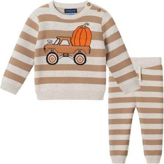 Andy & Evan Stripe Pumpkin Jacquard Cotton Sweater & Pants Set in Beige at Nordstrom, Size 12-18M