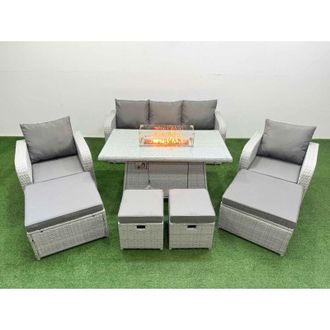 Fimous Pe Rattan Lounge Sofa Set 9 Seater Outdoor Garden Furniture Set with Gas Firepit Table 3 Seater Sofa 2 Big Footstools Side Table Light Grey - Fimous