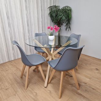 Kosy Koala Round Glass Dining Table Set With 4 Grey Plastic Chairs Dining Room Furniture in Brown