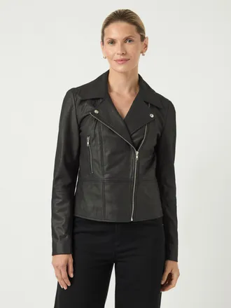 Y.A.S Lederjacke Y.A.S YASSOPHIE LEATHER JACKET, Damen, Gr. XXL, schwarz, Web, Obermaterial: 100% Ziegenleder, unifarben, figurbetont, V-Ausschnitt, Jacken 