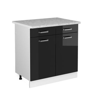 Vicco Mueble Bajo Universal R-line, Negro Brillo Intenso, 80 Cm Con Cajones Y Puertas, Con Encimera, Vicco