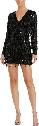 Mac Duggal Long Sleeve V-Neck Beaded Fringe Mini Dress