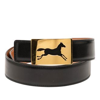 Herm&egrave;s Black Leather Box Calf Horse Buckle Belt 85cms