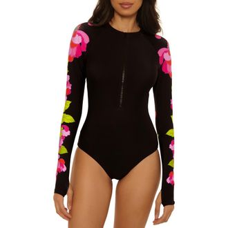 Trina Turk Bougainvillea Long Sleeve UPF 20+ One-Piece Rashguard Swimsuit in Multi at Nordstrom, Size X-Small