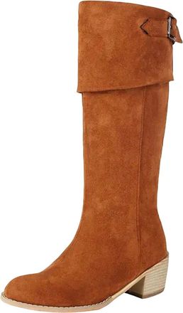 Generic Womens Vintage Knee High Boots Round Toe High Block Heel Slip On Design With Metal Belt Clasp For Casual Outings