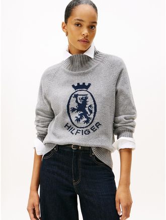 Tommy Hilfiger Womens Intarsia Crest Logo Wool-Blend Sweater - Grey - XXL
