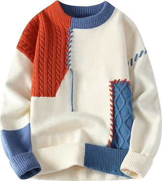 Generic Mens Jumpers Crew Neck Chunky Knit Jumper Winter Sweater Mens Blue Winter Jumpers