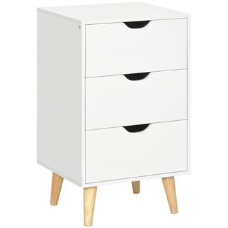 HOMCOM Bedside Table - Bedside Cabinet with 3 Drawers - Small Side Table with Wood Legs and Cut-out Handles for Bedroom - White | TJ Hughes