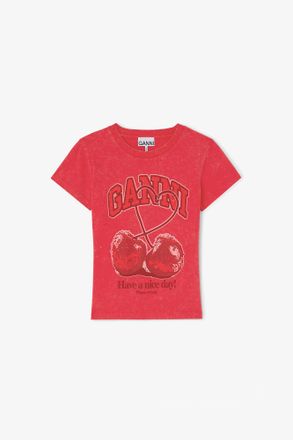 Ganni Red Baby Fit Future T-shirt with Cherry - Size XS Recycled Cotton