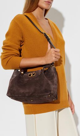 Valentino Garavani Suede Bag With Logo, Womens, Brown