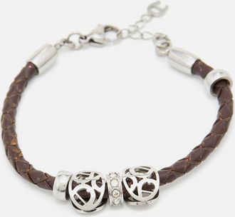Aigner Crystal Logo Charm Brown Braided Leather Bracelet