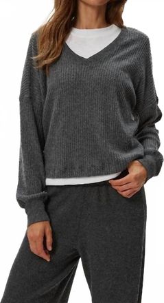 Michael Stars Salma Brushed Waffle Long Sleeve V Neck Top In Charcoal