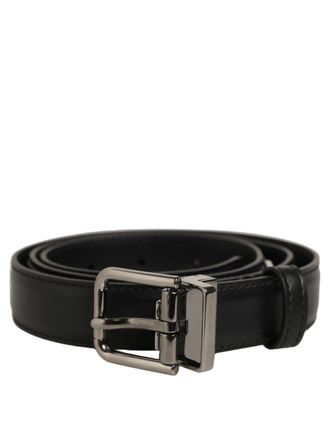 Dolce & Gabbana Black Leather Silver Tone Metal Buckle Mens Belt